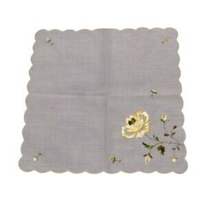 Vintage White Handkerchief Hanky Embroidered Yellow Rose Yellow Scalloped Edge